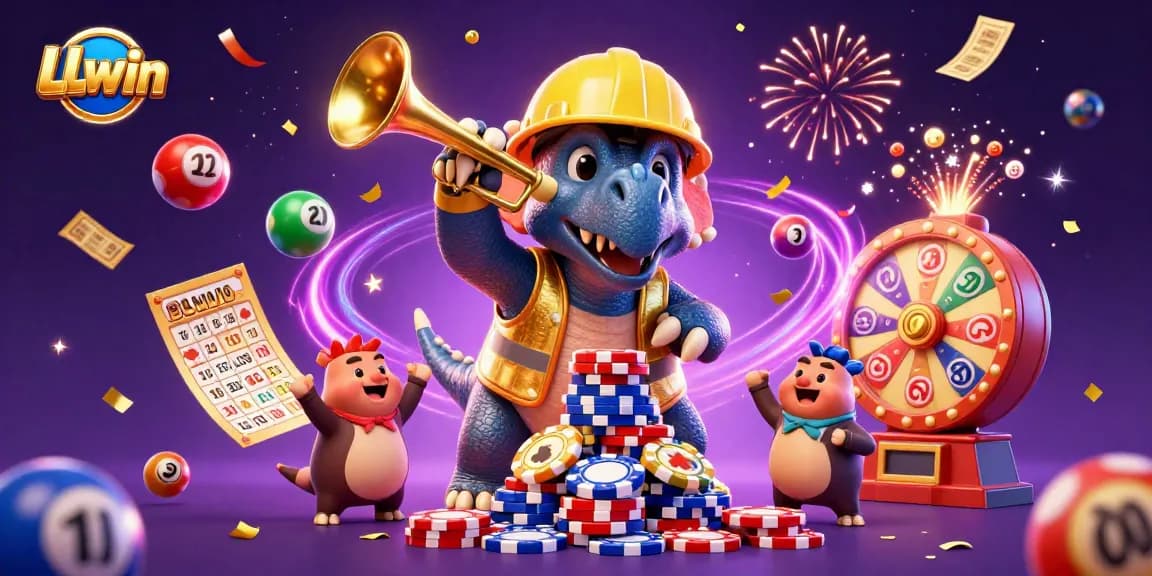 LLwin's engaging scene features a triceratops building poker chips while celebrating with vibrant game elements.