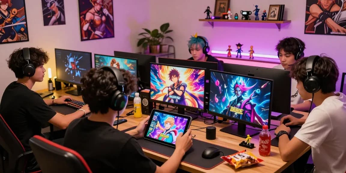Engaging scene of players enjoying gay hentai games in a vibrant gaming room with anime art and lively atmosphere.