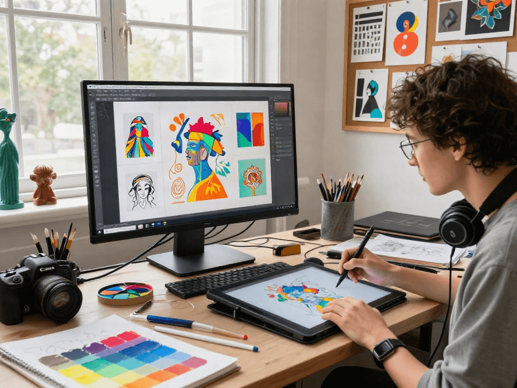 Artist creating nsfw ai digital artwork in a vibrant studio.