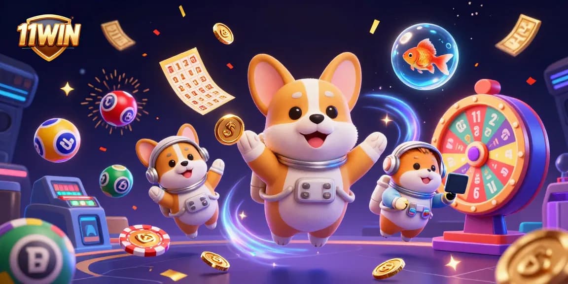 Experience the thrill at 11WIN with a corgi astronaut and floating casino elements!