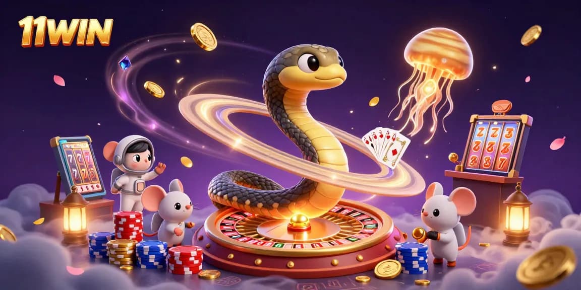 Place bets at 11WIN with a cosmic casino scene featuring vibrant gambling elements.