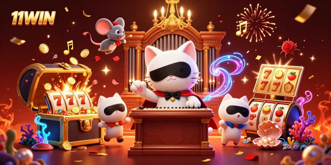 Experience thrills at 11WIN with a vibrant casino scene featuring playful characters and slot game elements.