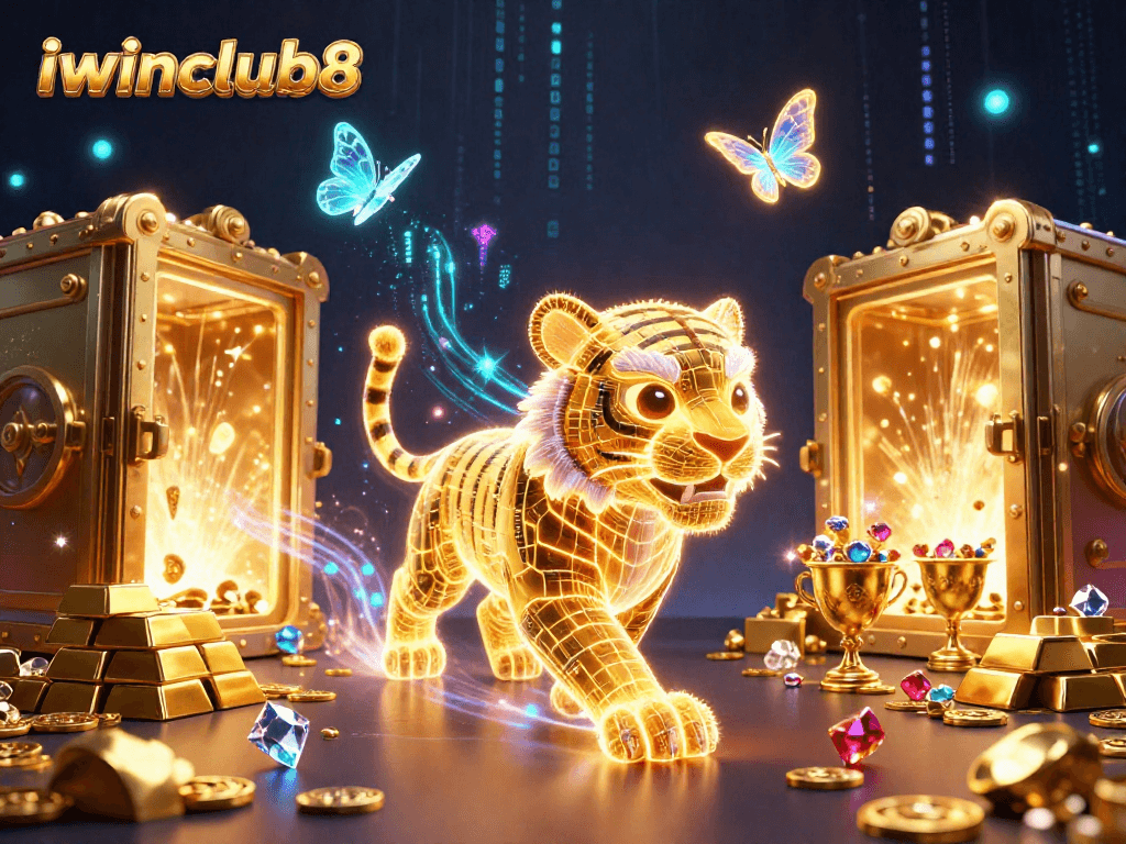 Experience the thrill of iwinclub8 with a dazzling scene of a golden tiger and treasures in a vibrant casino.