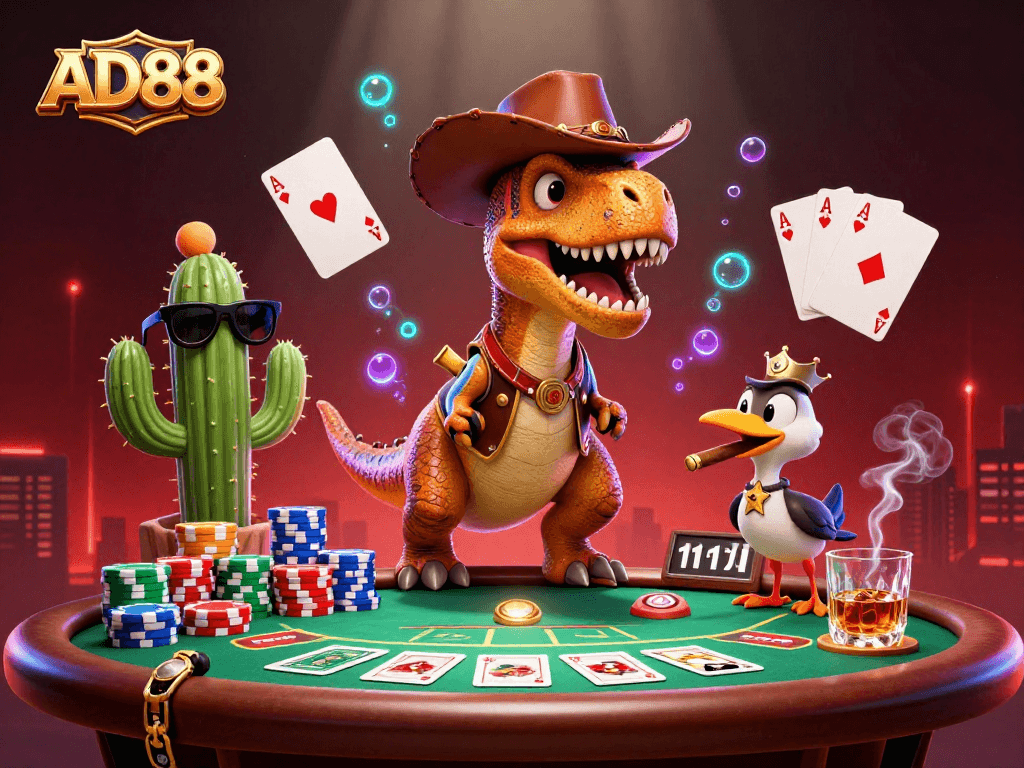 Experience the thrill of AD88 with a vibrant poker scene featuring a cowboy T-Rex and friends.