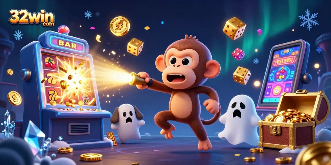 Engage with 32win com's thrilling haunted casino scene, where a mischievous monkey juggles golden treasures.