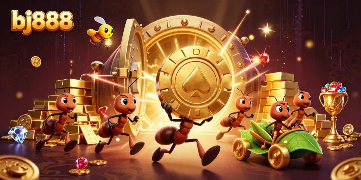 Experience the thrilling heist adventure of bj888 with ants, golden poker chips, and treasures!