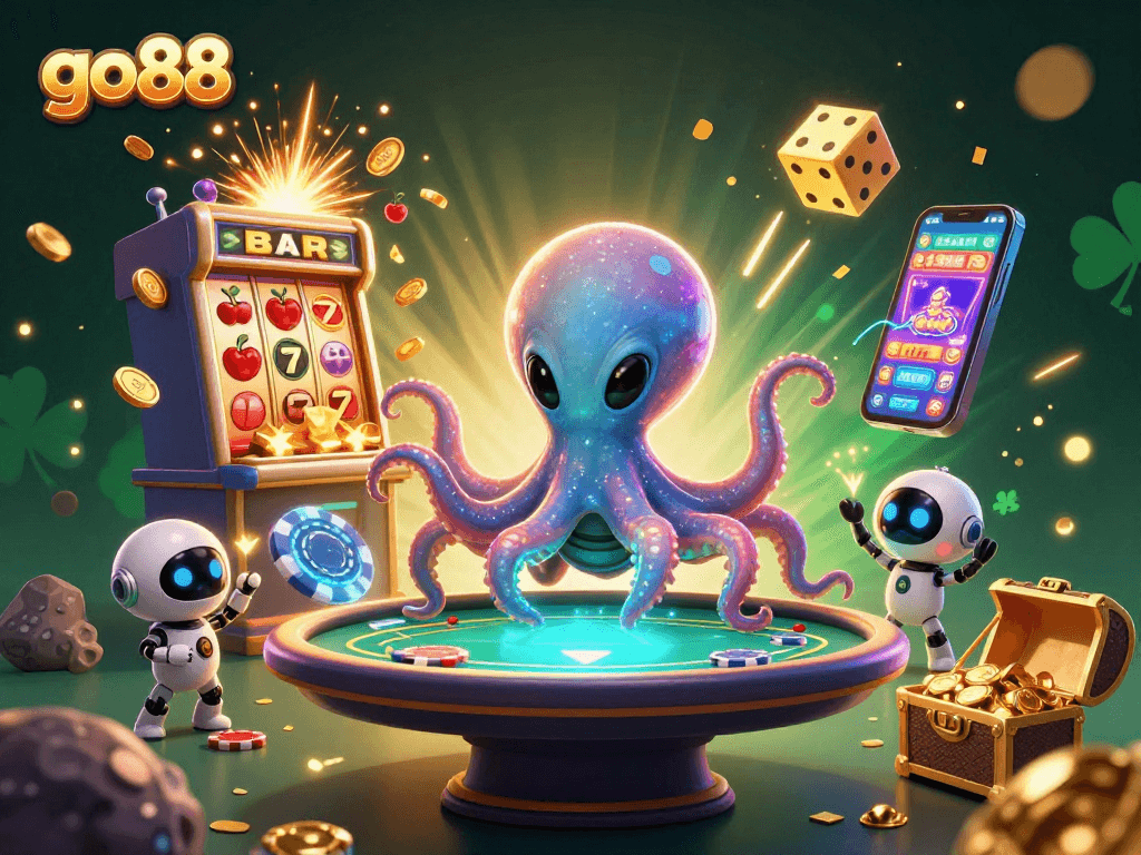 Join the exciting go88 poker game with a whimsical octopus and thrilling casino elements.