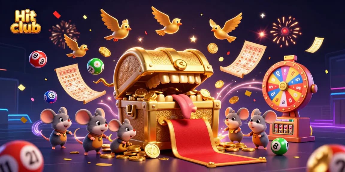 Hit club's vibrant 3D lottery scene featuring treasure and festive celebrations