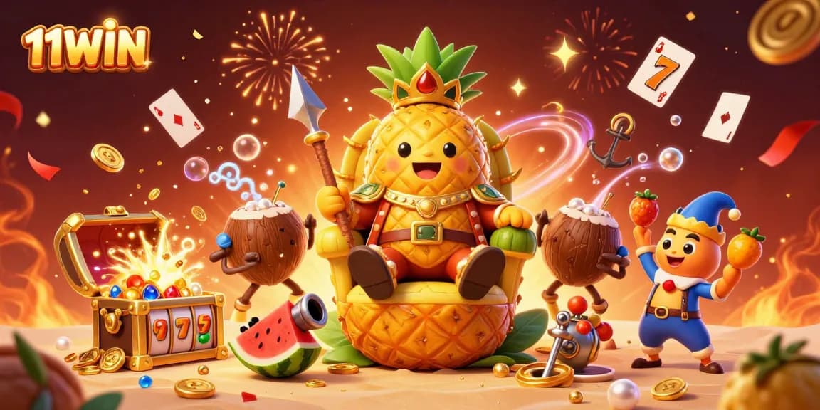 Engage with the vibrant 11WIN casino scene featuring the golden pineapple king amidst celebratory elements and dynamic slot visuals.