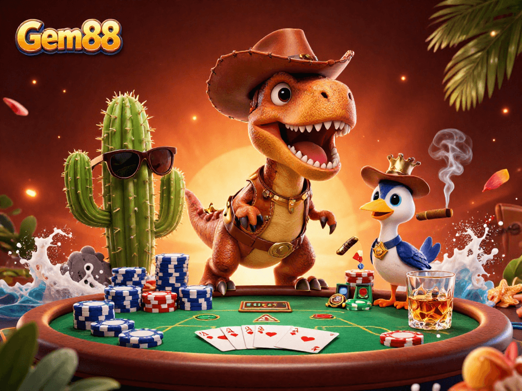 Experience thrilling poker action with Gem88, featuring a T-Rex, cactus, and roadrunner in a casino setting.
