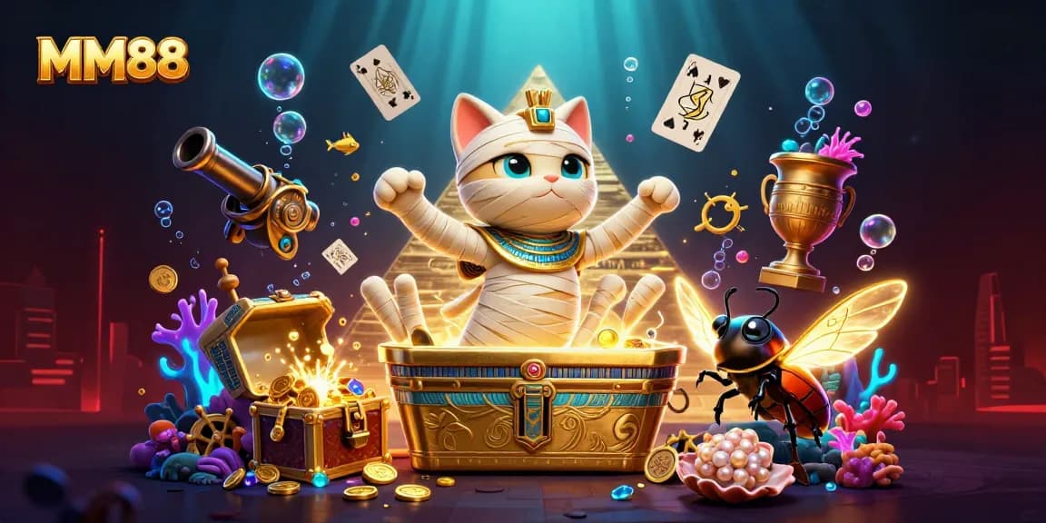 Experience thrilling gameplay with MM88 in this vibrant 3D casino illustration featuring a mummy cat.