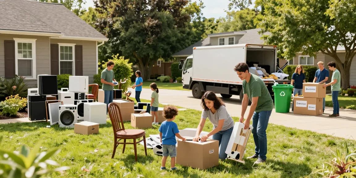 Family engaged in house clearance London, sorting through furniture and appliances in a bright outdoor setting