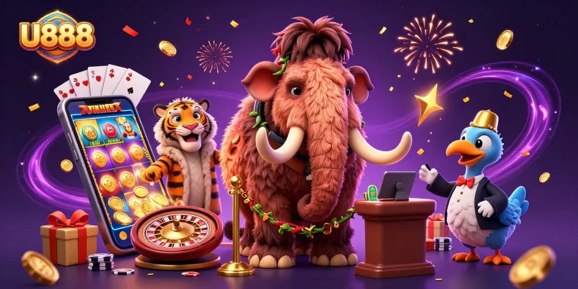 U888 welcomes players at the casino entrance with a colorful slot game and exciting atmosphere.