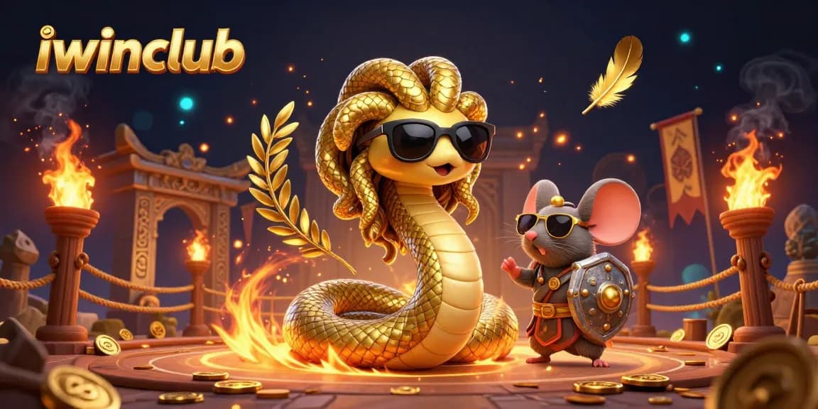 Engage in exciting gameplay at iwinclub with Medusa and a warrior mouse amidst a vibrant casino setting.