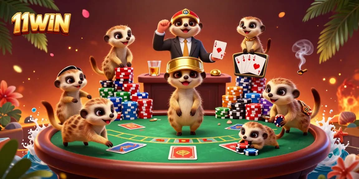 Experience 11WIN's vibrant casino atmosphere with playful meerkats engaging in poker.