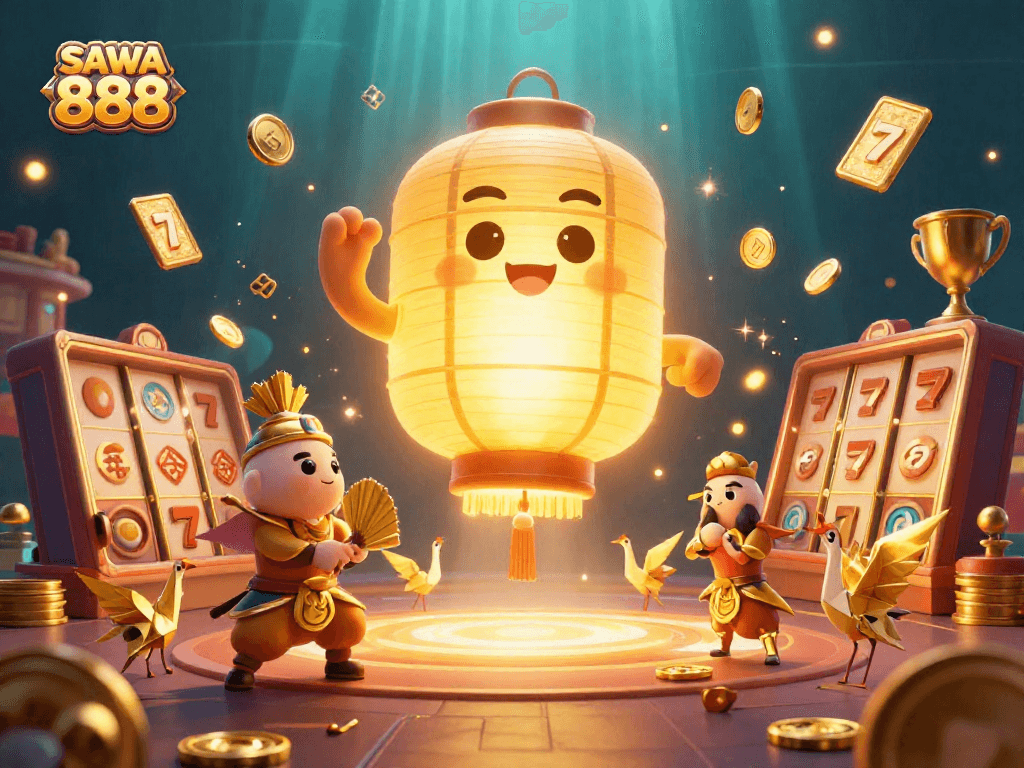 Spin winning slot reels at SAWA 888 with enchanting characters amidst vibrant lights and golden coins.