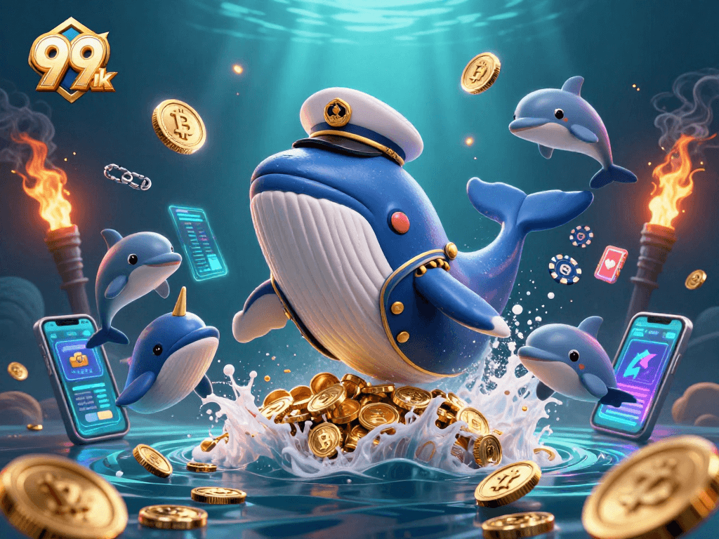 Experience winning strategies with 99 ok's animated whales and dolphins in a vibrant casino scene.