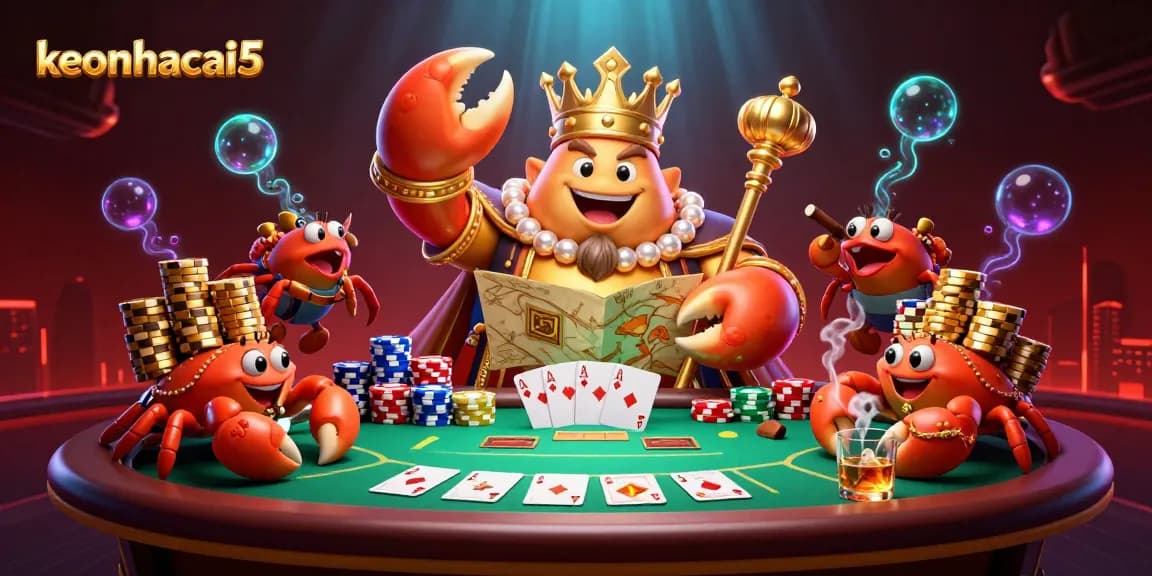 Experience keonhacai5 with a vibrant illustration of a crab emperor in a packed casino scene.