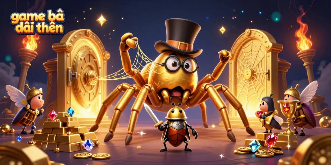 Experience the thrill of game bài đổi thưởng with this vivid 3D casino scene featuring a golden tarantula and brave beetle knight.