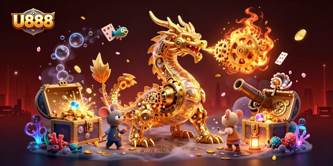 Experience the excitement of U888 with a dynamic casino-themed illustration featuring a golden dragon and treasure.