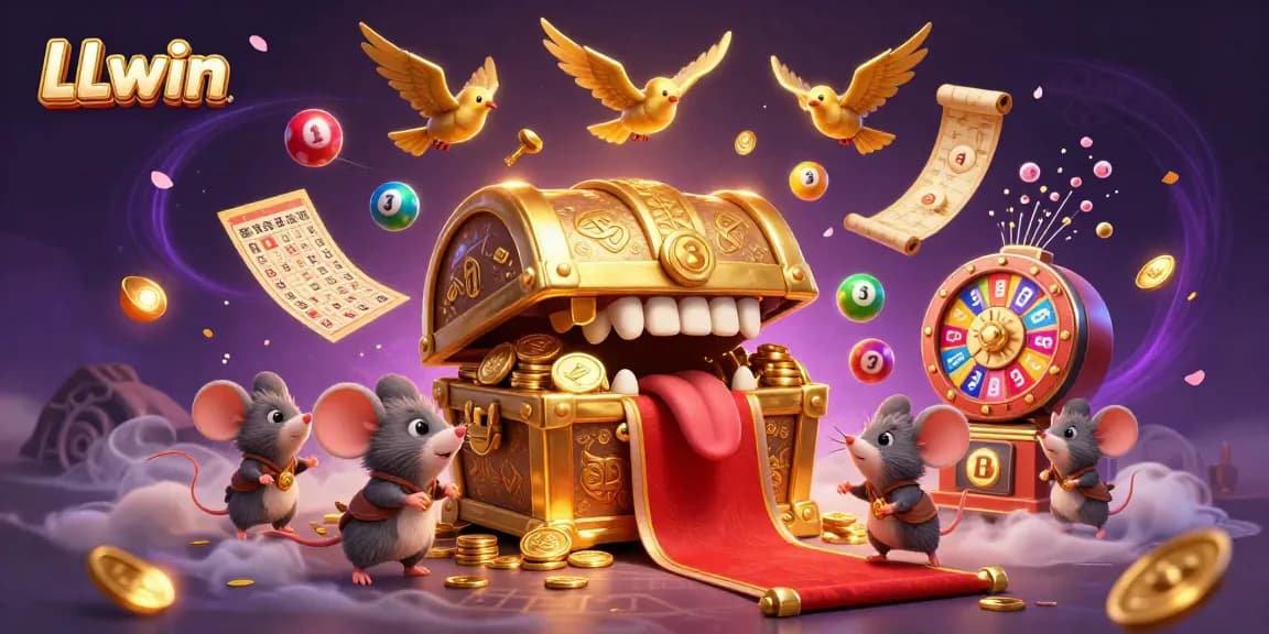 LLwin attracts players with golden treasures amidst vibrant gaming elements in a dynamic casino environment.