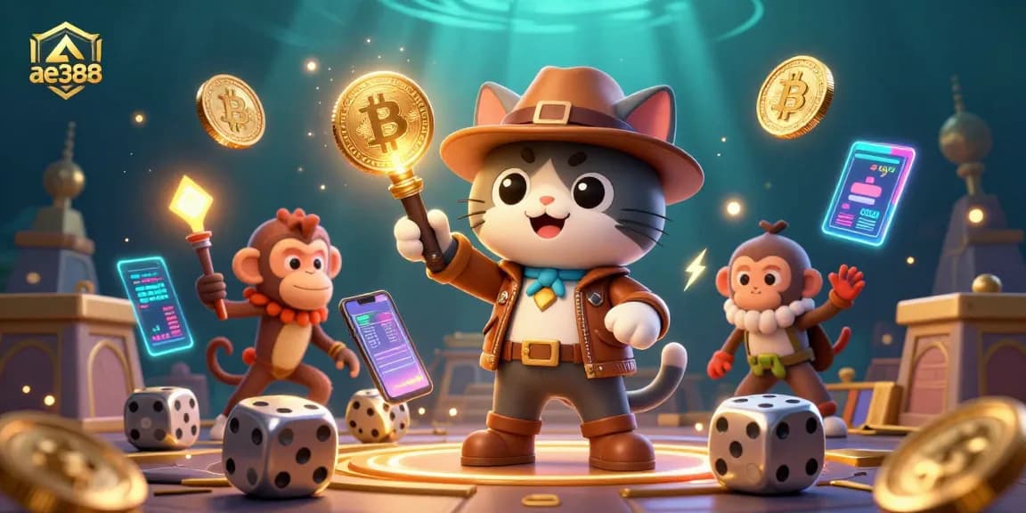 Experience the thrill of ae388 with an adventurous cat exploring a golden casino artifact!
