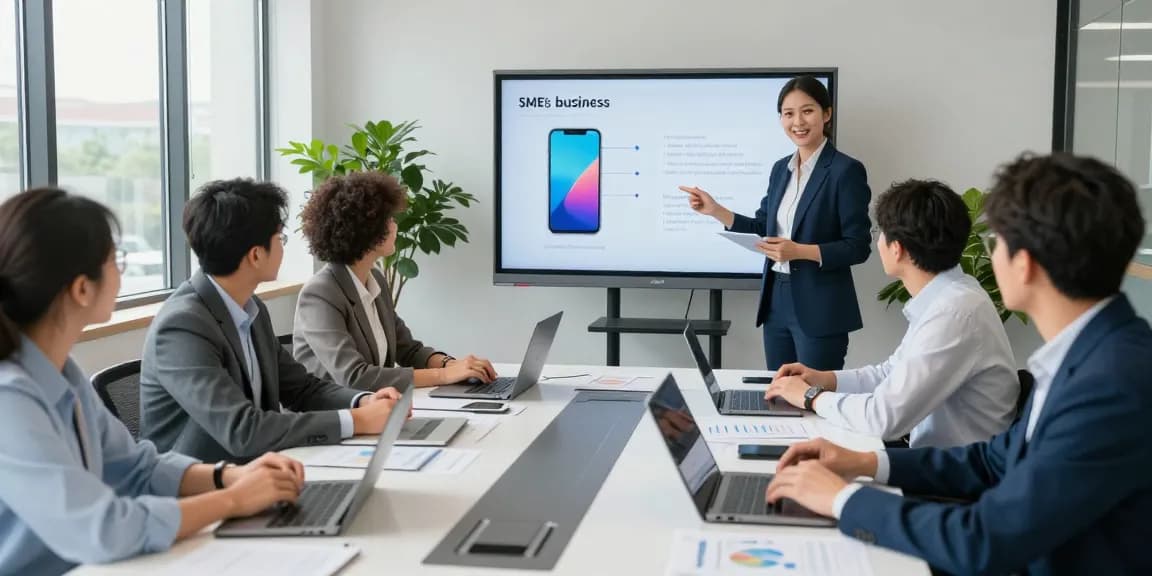 Professionals discussing the best mobile phone business options in a collaborative office, showcasing innovation and teamwork.