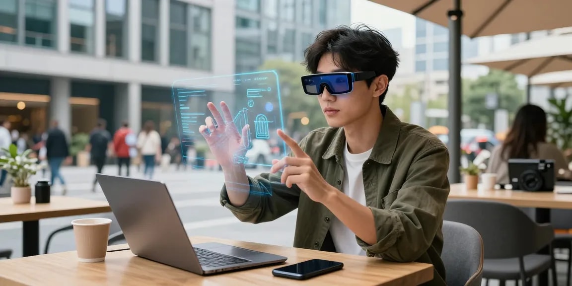 Individual exploring augmented reality features with smart glasses in a vibrant city setting.