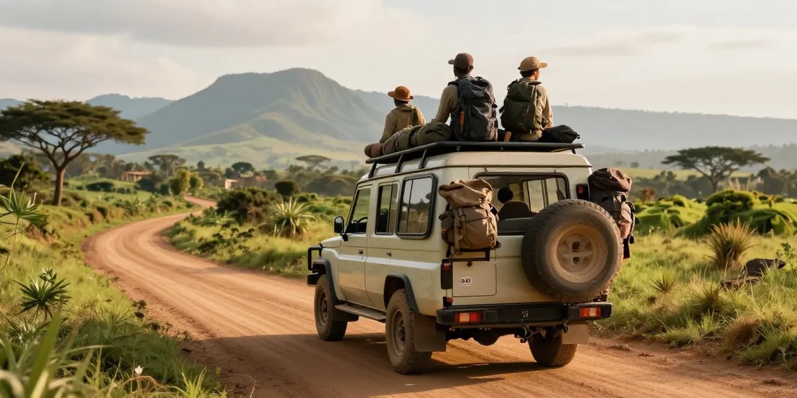Rental car Uganda adventure with 4x4 vehicle on scenic road