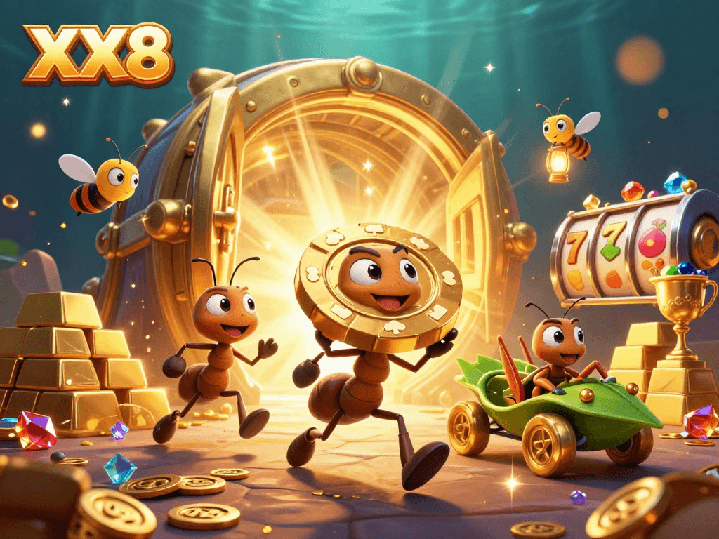 Engaging scene featuring XL8 with ants stealing a giant poker chip amid a vibrant casino heist.