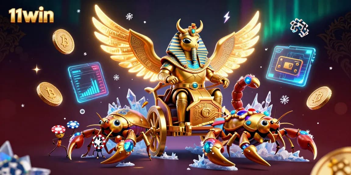 Experience thrilling gameplay at 11WIN with a golden scarab and crypto elements in a rich casino scene.