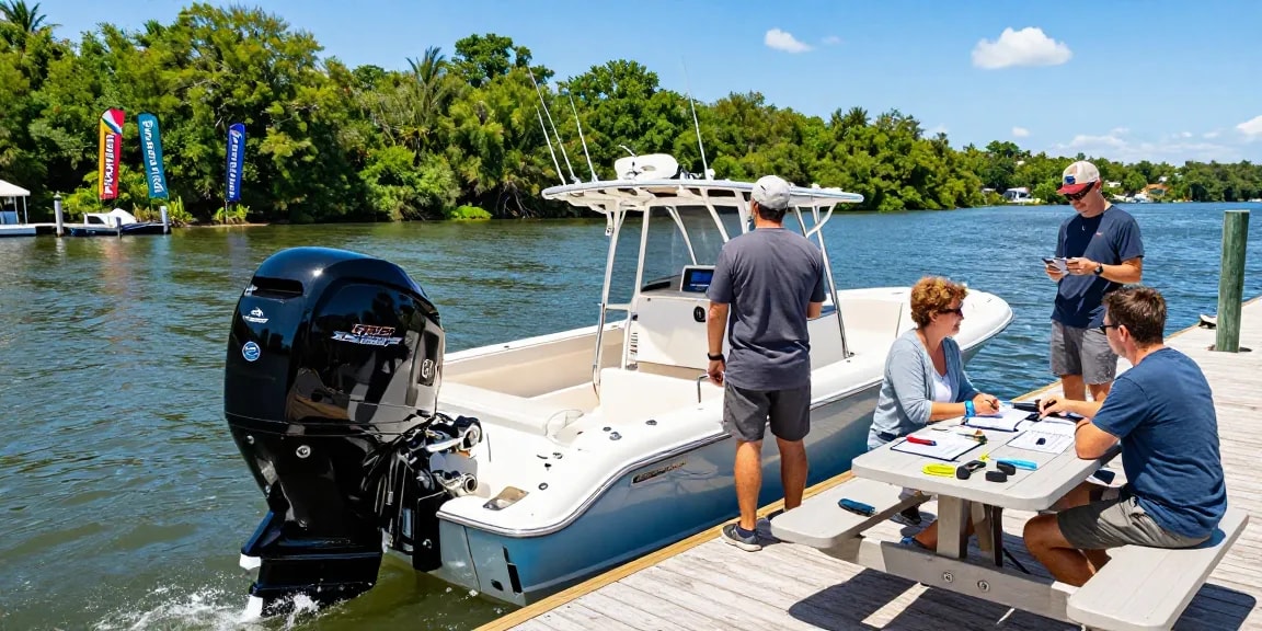 Explore outboard engine for sale USA options at vibrant marina with friends discussing features.