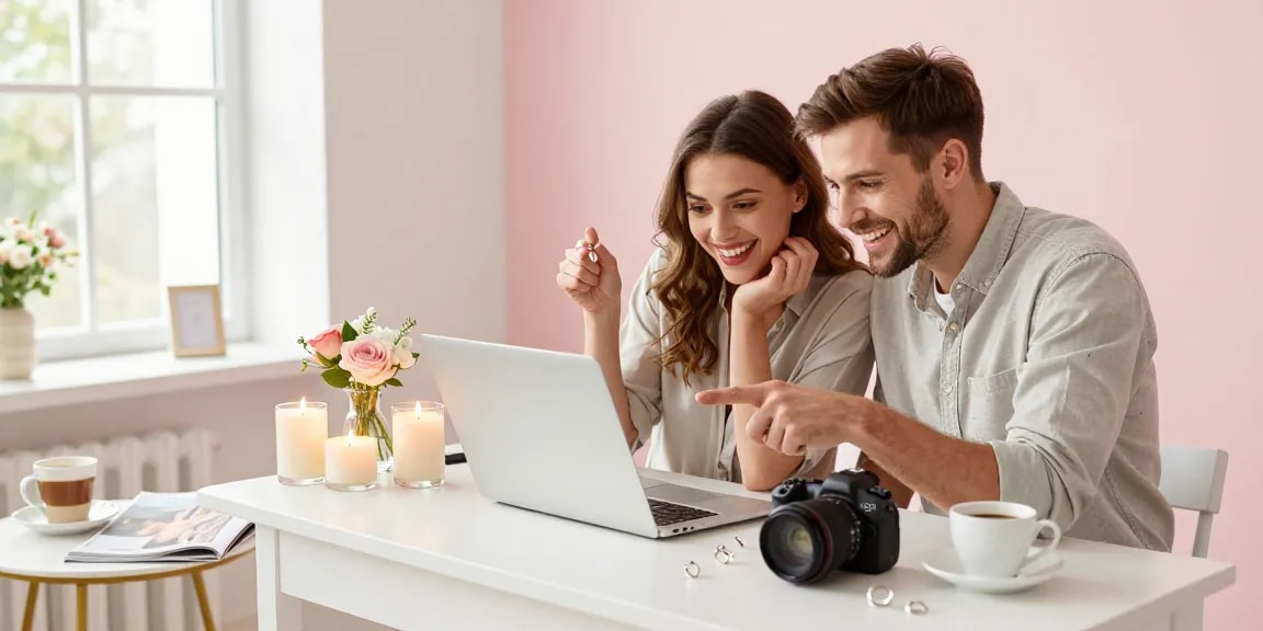 Buy wedding rings online with a happy couple engaging in a joyful shopping scene surrounded by romantic elements.