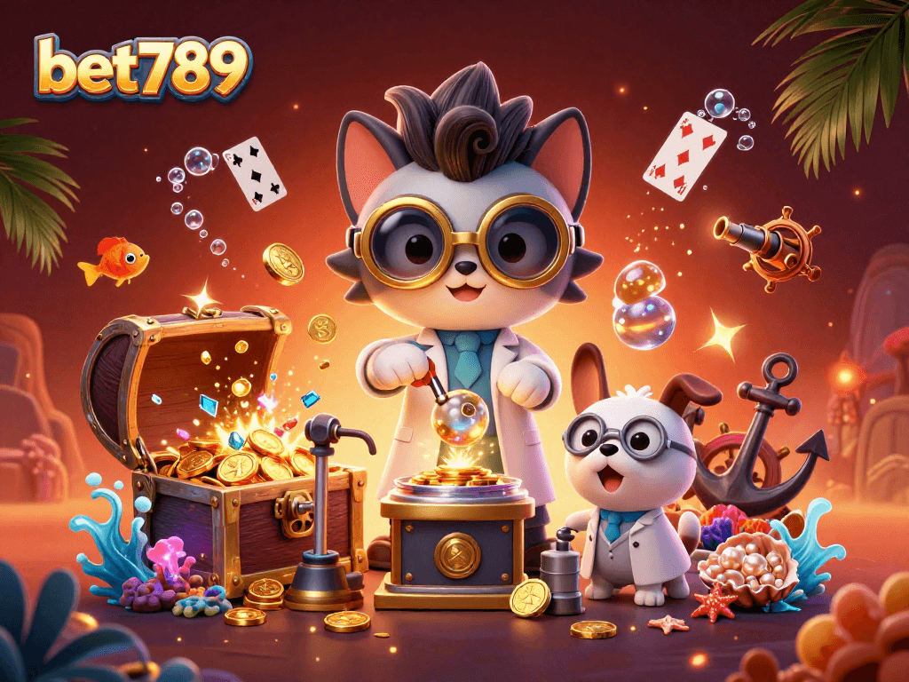Bet789 brings excitement with a mad scientist cat and assistant creating gold coins in a vibrant casino scene.