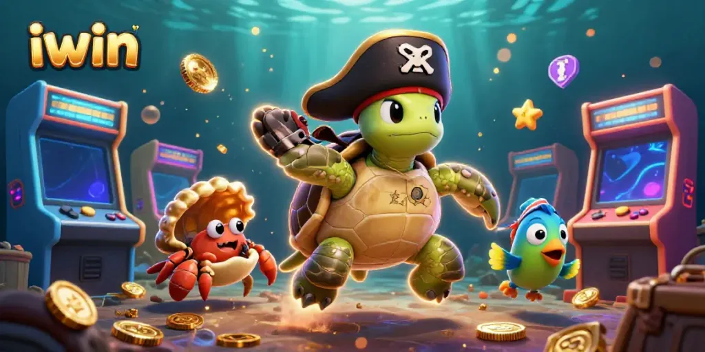 iwin pirate turtle and friends engaging with vibrant casino arcade elements in an underwater scene.