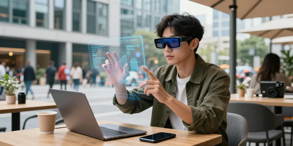 Individual exploring augmented reality features with smart glasses in a vibrant city setting.
