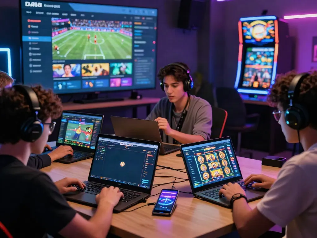 Engaging DA88 online gaming platform scene, showcasing diverse participants using laptops and mobile devices for sports betting and gaming activities.
