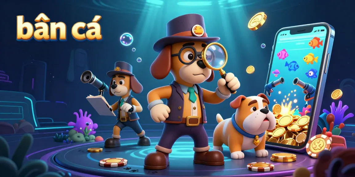 Engage in bắn cá excitement with detective and bulldog amidst vibrant underwater scenes.
