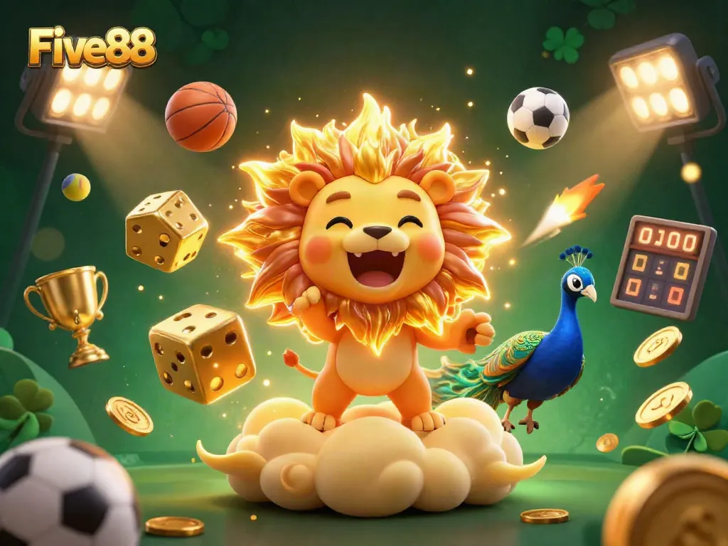 Experience the thrill of Five88 with a vibrant 3D casino scene featuring a roaring lion, golden dice, and dynamic sports elements.