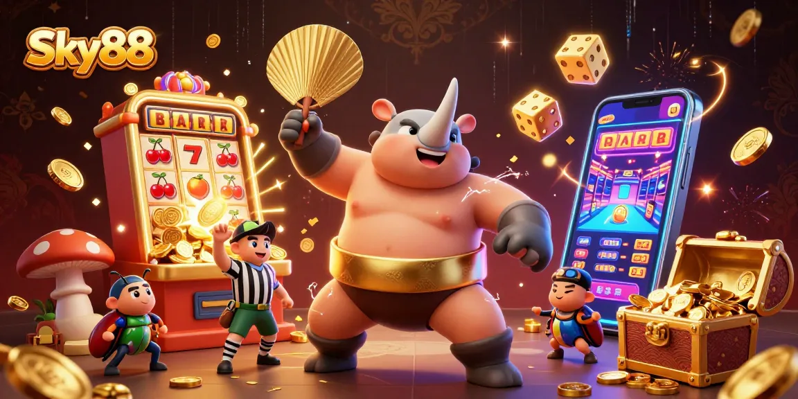 Sky88 captivates with a vibrant 3D illustration of dynamic casino action featuring animated characters and games.