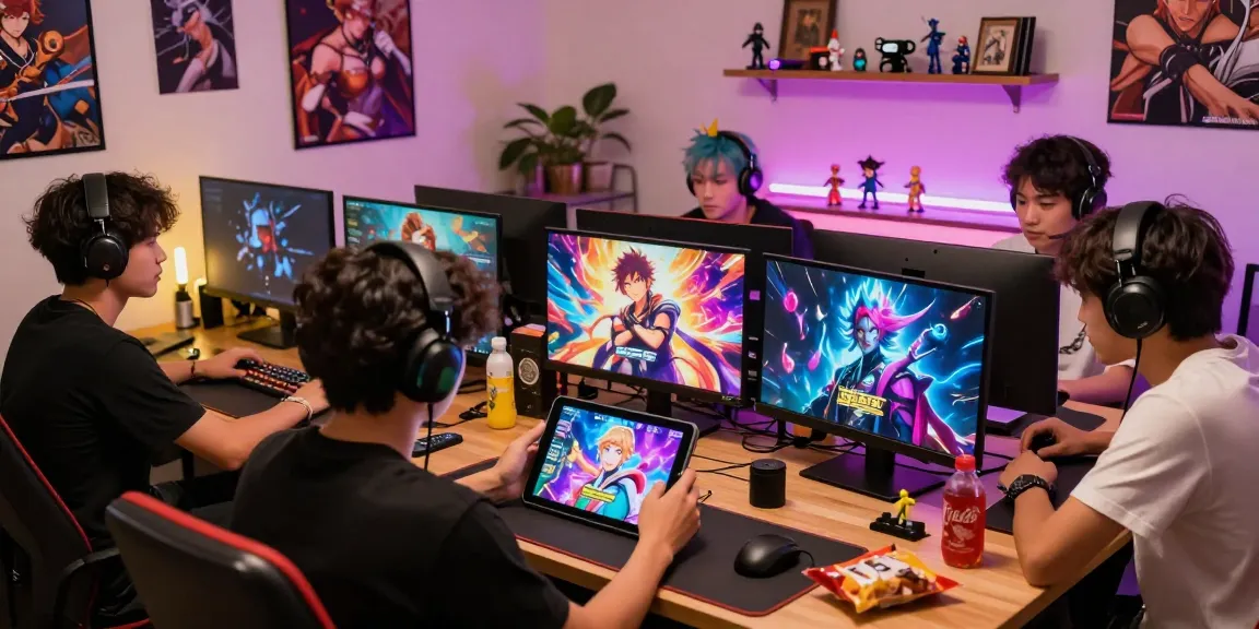 Engaging scene of players enjoying gay hentai games in a vibrant gaming room with anime art and lively atmosphere.