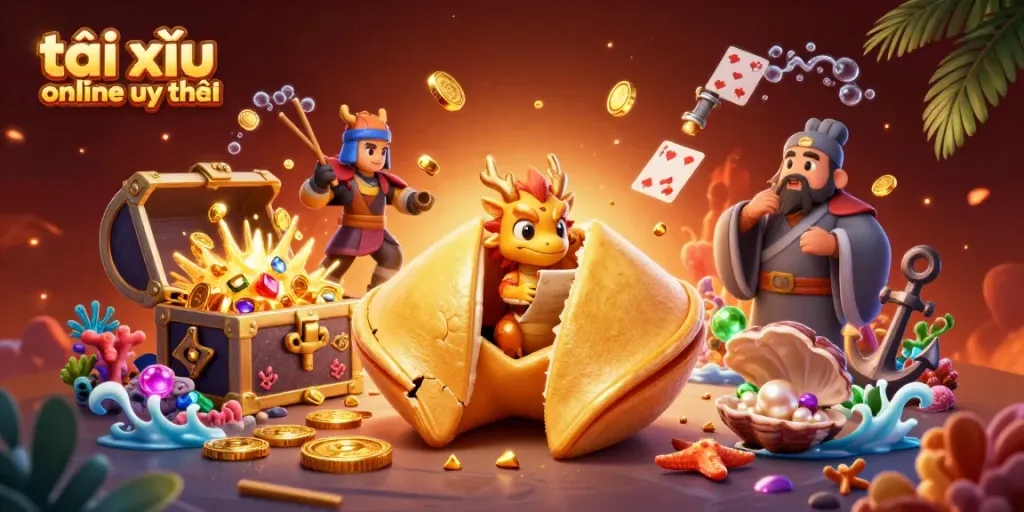 Engage in tài xỉu online uy tín with golden fortune cookie and wise dragon in a vibrant casino scene.