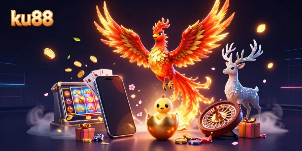 Engage in thrilling gameplay with ku88's vibrant casino scene featuring a mythical phoenix and exciting game elements.