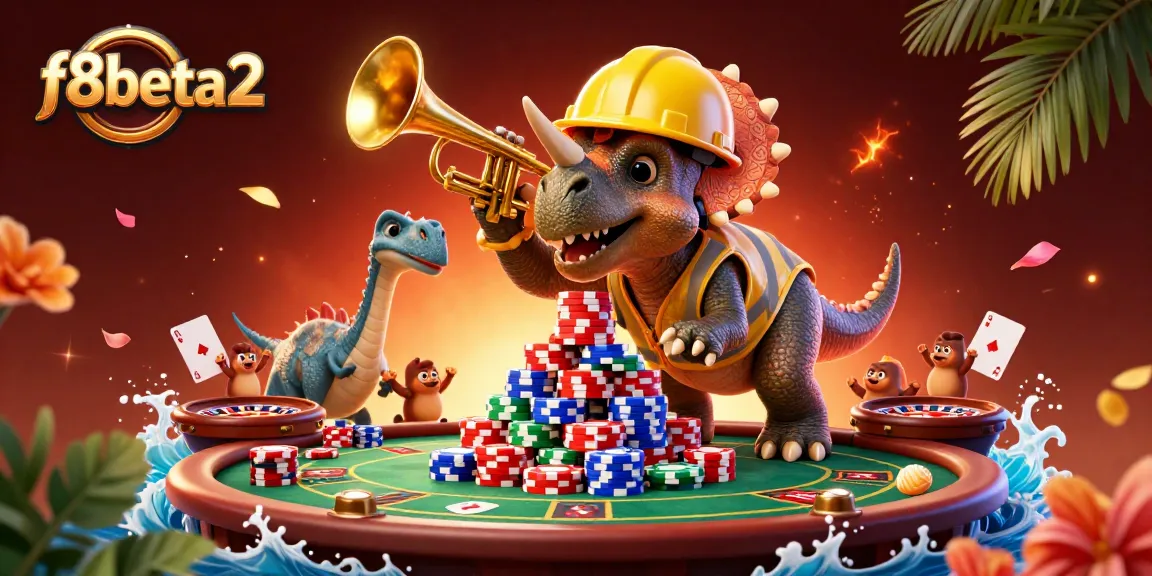 Cheerful characters celebrate f8beta2's casino excitement with vibrant chips and games.