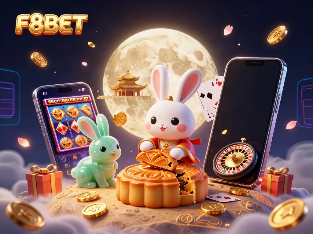 Experience F8BET with a 3D cartoon moon rabbit scene showcasing lunar casino elements and vibrant gaming action.