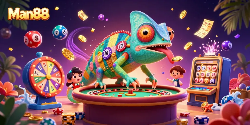 Experience thrilling gameplay at Man88 with a vibrant chameleon casino owner and dynamic game elements.