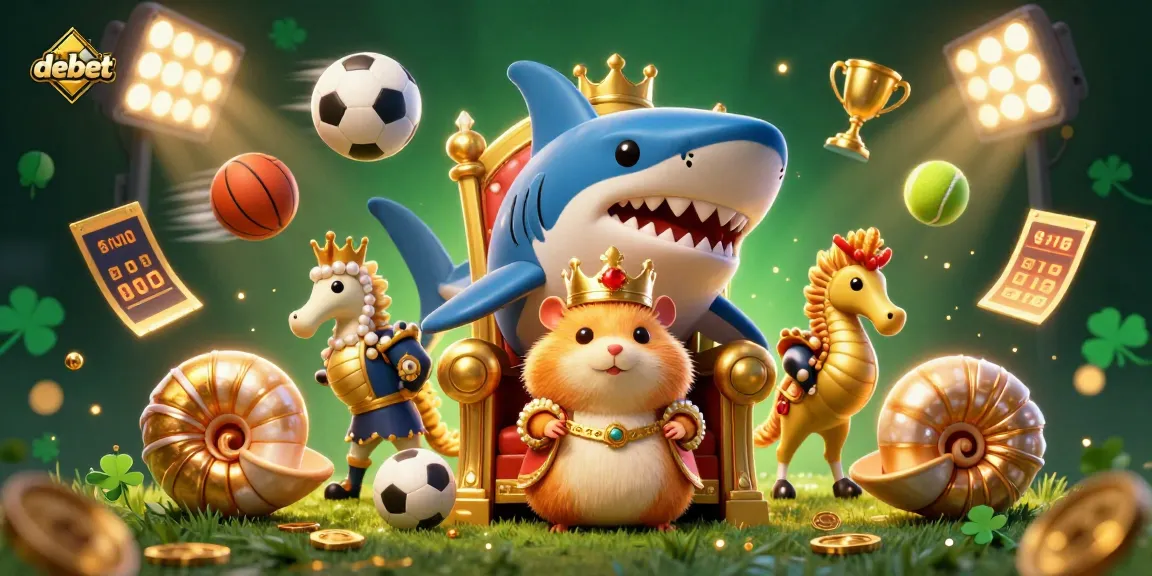 Experience the thrill of sports betting with debet, featuring a golden hamster king on a megalodon throne.