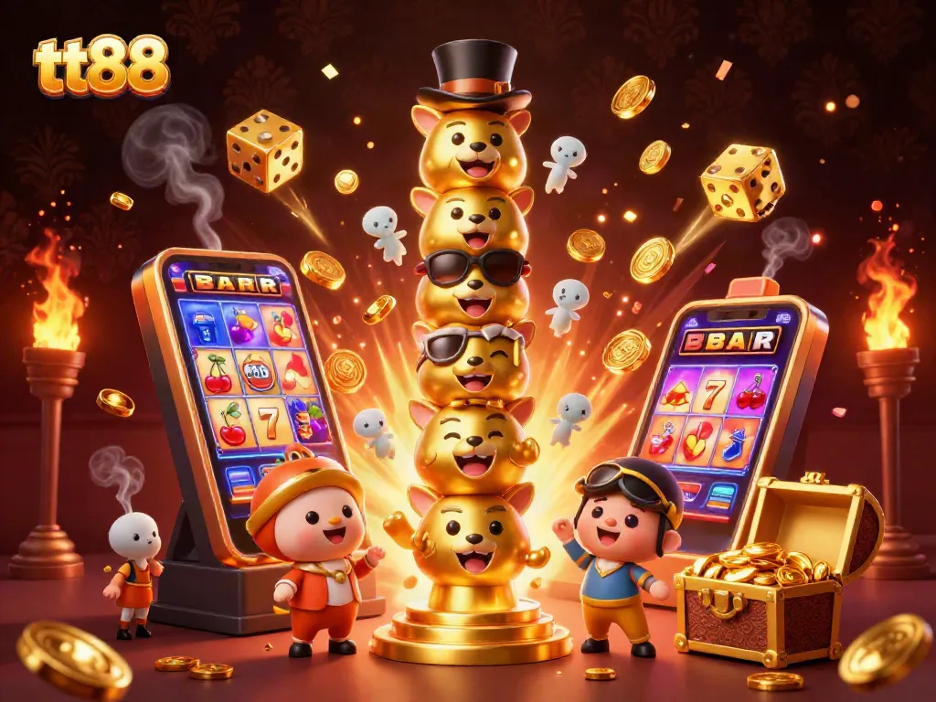 Experience the thrill of tt88 with vibrant slot machines, golden coins, and dynamic casino elements bursting into view.