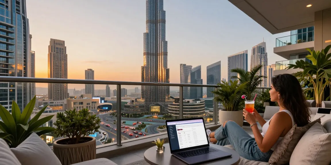 Houst Dubai management dashboard with skyline view from a stylish apartment balcony in Dubai.