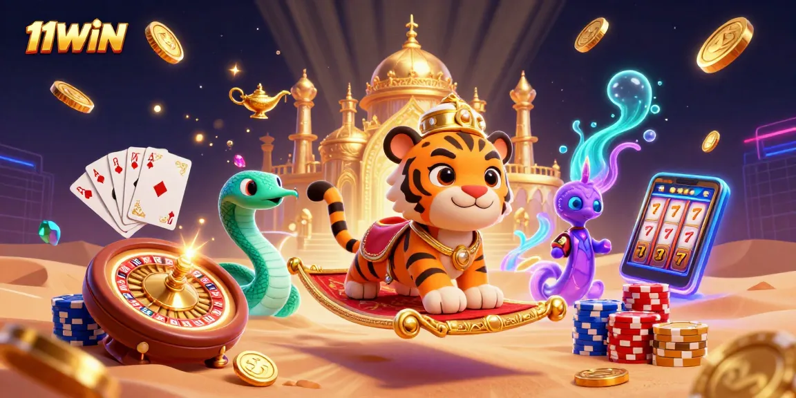 Experience the thrill of winning with 11WIN's enchanting casino scene filled with treasures and games.